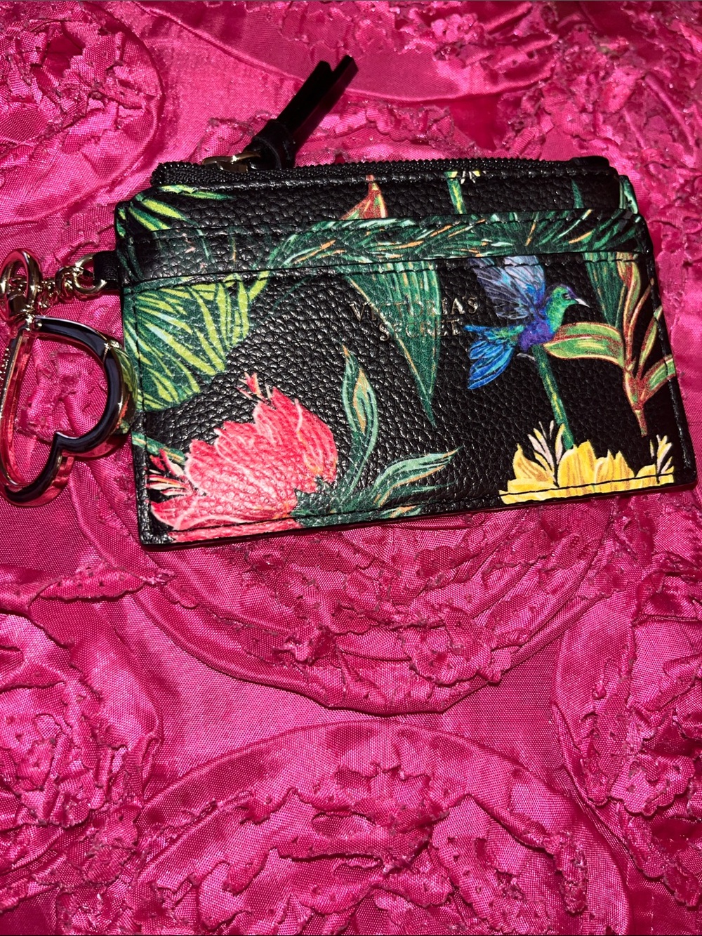 Victoria's Secret Black Floral Card Wallet with Keyring